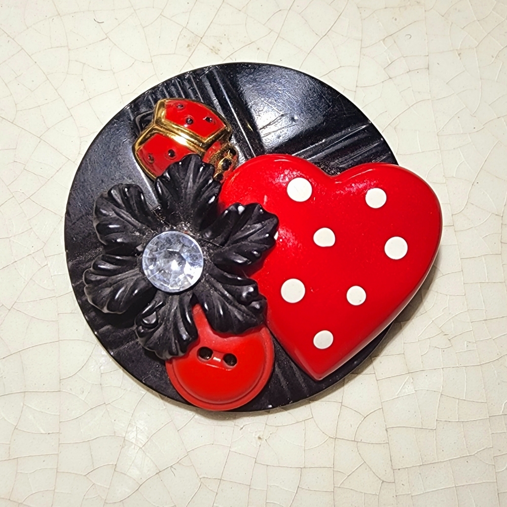 Adorable assemblage polka dot heart, flower and ladybug button brooch